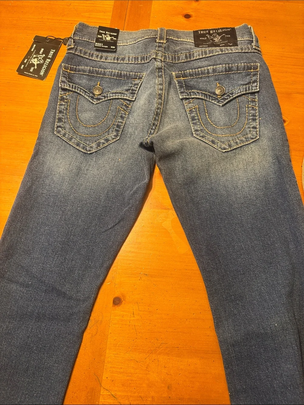 True Religion Men's Relaxed Blue Denim Jeans with Signature Pocket